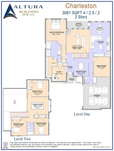 2D floor plan layout for the Charleston by Altura Homes in Forest Ridge Estates, Greenville, TX (Image 3).