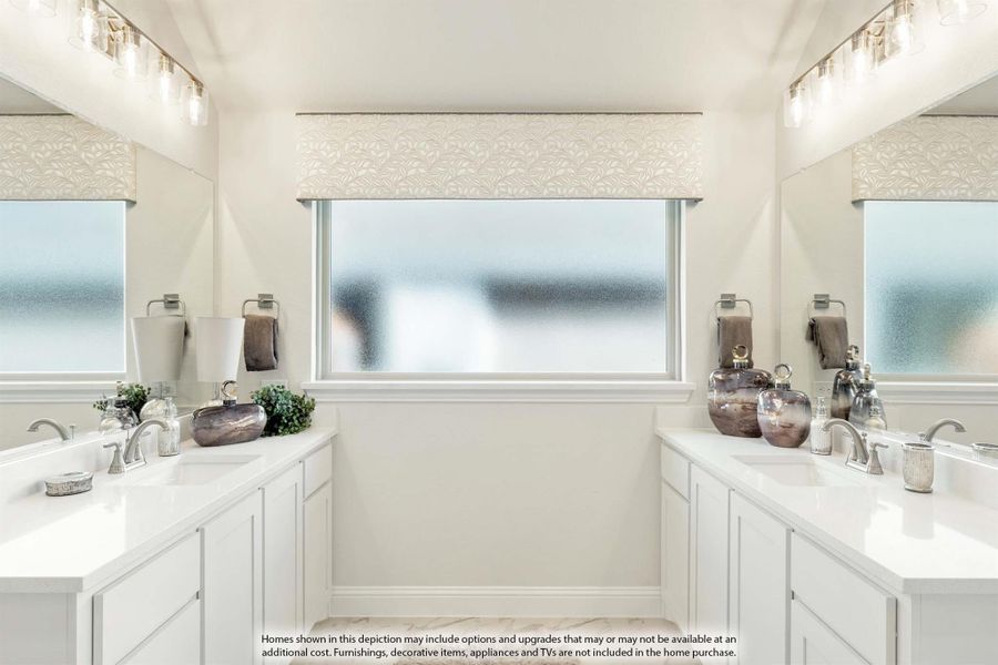 Dual-sink master bathroom with white cabinets, quartz countertops, large mirrors, and a frosted privacy window