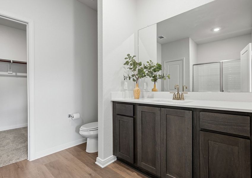The master bathroom has a sprawling vanity. The master bathroom has a sprawling vanity.