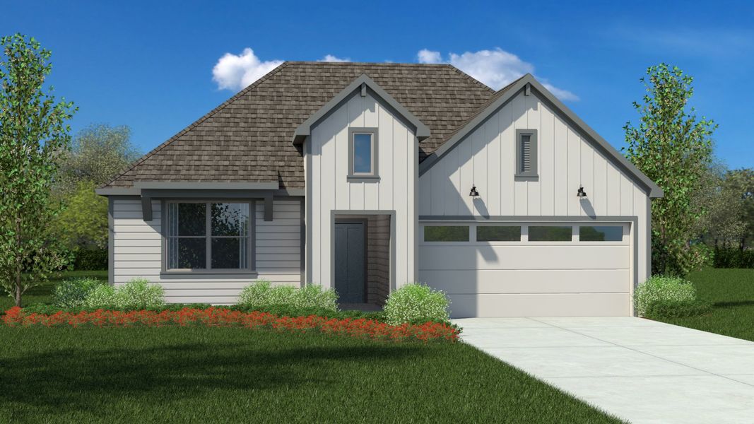 Front exterior of a new home in Eagle Creek, Denton, TX, highlighting curb appeal (Image 1). Front exterior of a new home in Eagle Creek, Denton, TX, highlighting curb appeal (Image 1).