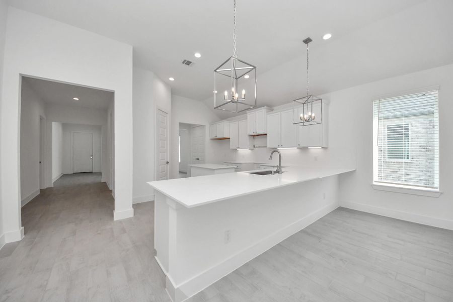This kitchen is truly a chef's dream! This haven Boasts high ceilings, recessed & pendant lighting, stained wood cabinets, granite countertops, stainless steel appliances, a modern tile backsplash.  All of this overlooks your expansive family room, creating a perfect space for culinary delights and family gatherings.