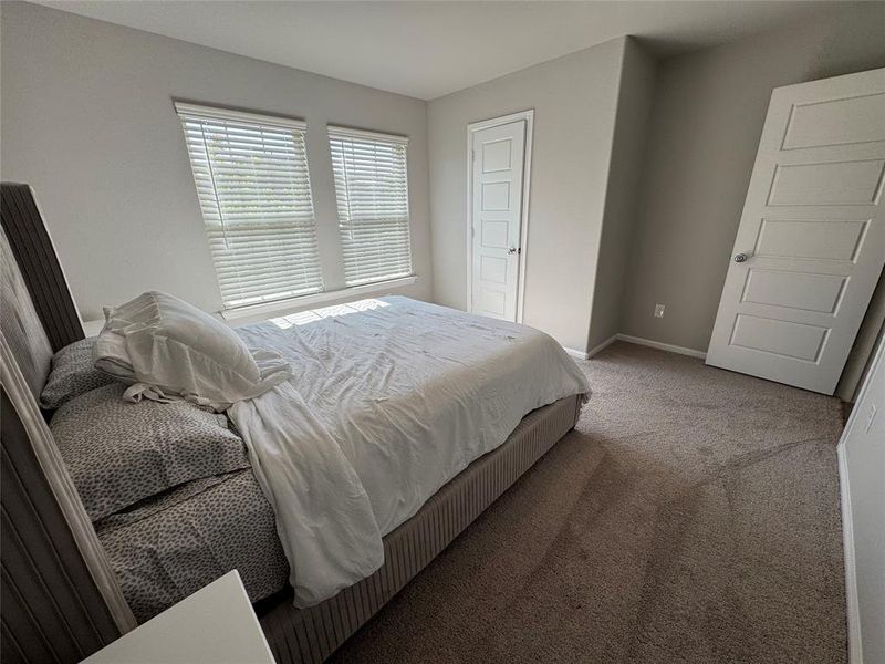 Carpeted room with two windows featuring horizontal blinds Carpeted room with two windows featuring horizontal blinds