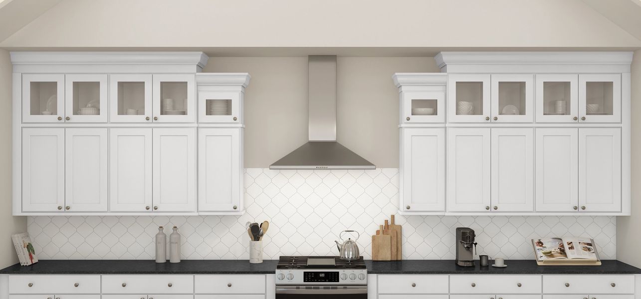 Kitchen with glass upper cabinets and stainless steel appliances