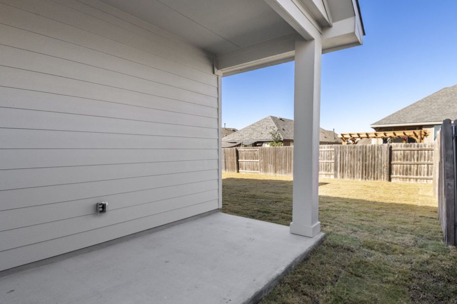 Exterior details and patio area of a home in Crosswinds, Kyle (Image 3). Exterior details and patio area of a home in Crosswinds, Kyle (Image 3).