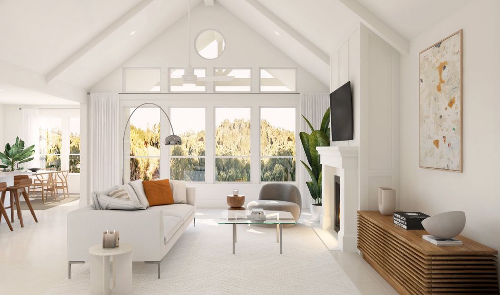 Great room with fireplace and painted ceiling beams