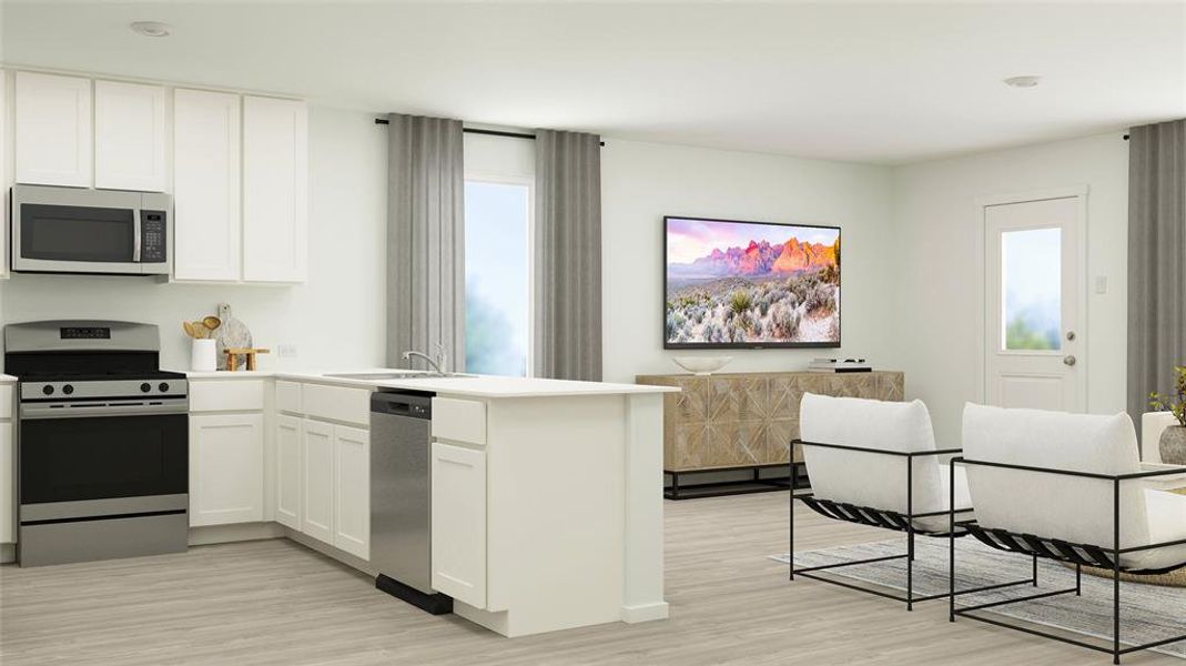 Kitchen with sink, white cabinetry, appliances with stainless steel finishes, light hardwood / wood-style floors, and kitchen peninsula