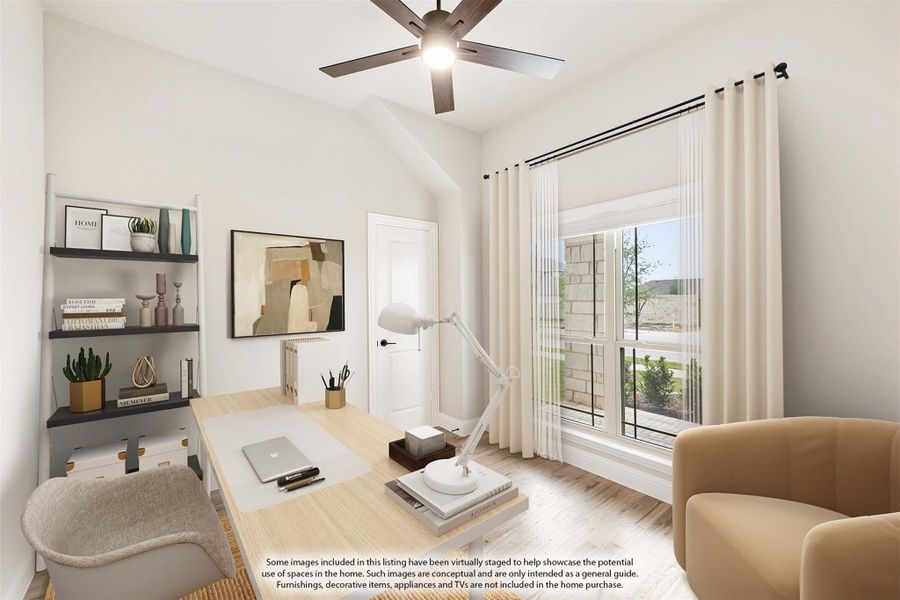 Home office with wood desk, open shelving, ceiling fan, and large window with natural light Home office with wood desk, open shelving, ceiling fan, and large window with natural light