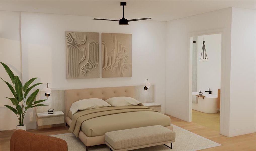 Bedroom with light wood-style flooring and ensuite bathroom