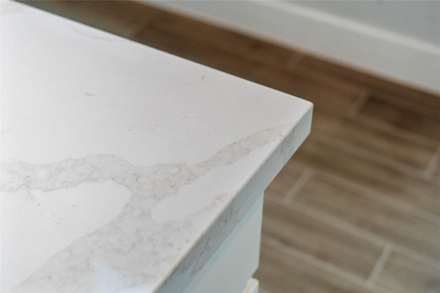 Kitchen countertops - quartz with subtle, elegant gray veining and a clean, modern edge profile.