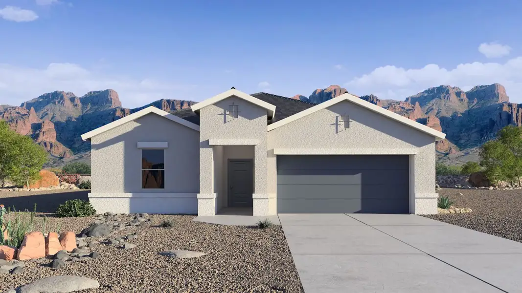 Front exterior of a new home in Western Crossing, Florence, AZ, highlighting curb appeal (Image 1). Front exterior of a new home in Western Crossing, Florence, AZ, highlighting curb appeal (Image 1).