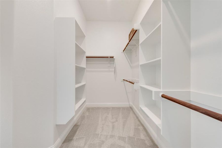 Walk in closet featuring light carpet