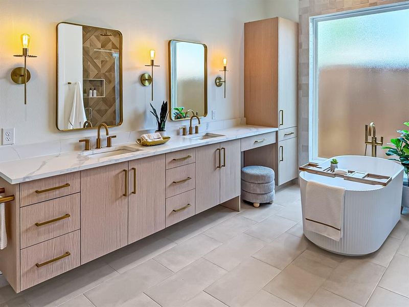Bathroom with double vanity, light tile patterned flooring, a freestanding bath, and a tile shower Bathroom with double vanity, light tile patterned flooring, a freestanding bath, and a tile shower