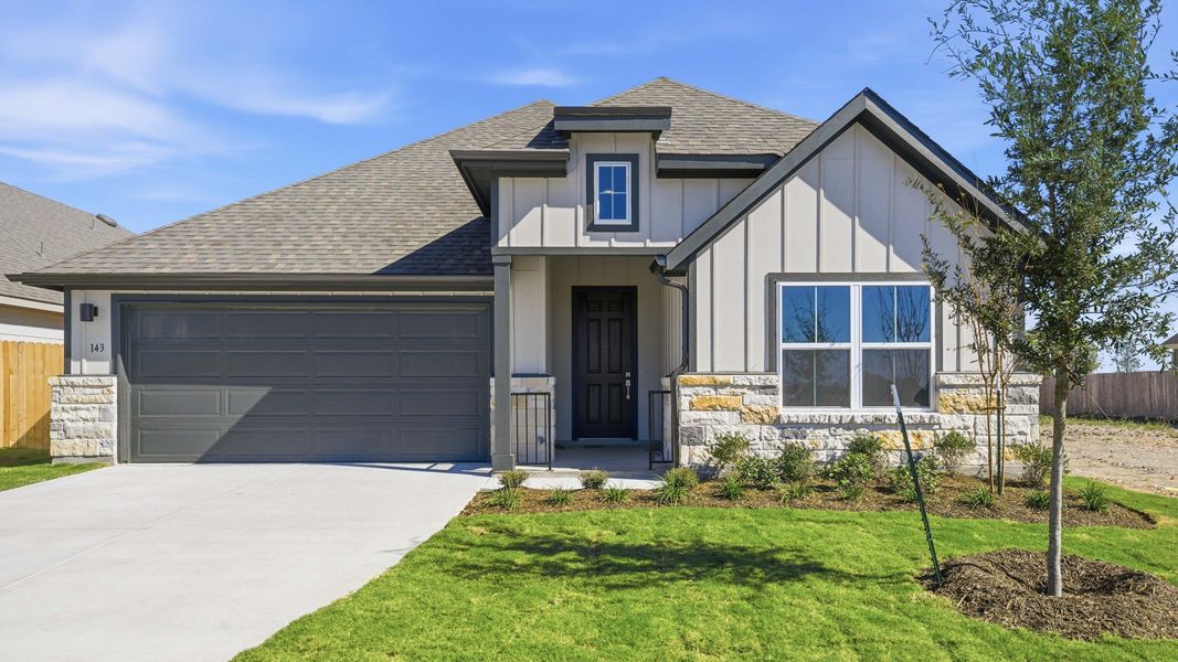 Representative exterior photo of a completed home built from the Mahogany by DRB Homes in Spring Creek, Taylor, TX (Image 19). Representative exterior photo of a completed home built from the Mahogany by DRB Homes in Spring Creek, Taylor, TX (Image 19).