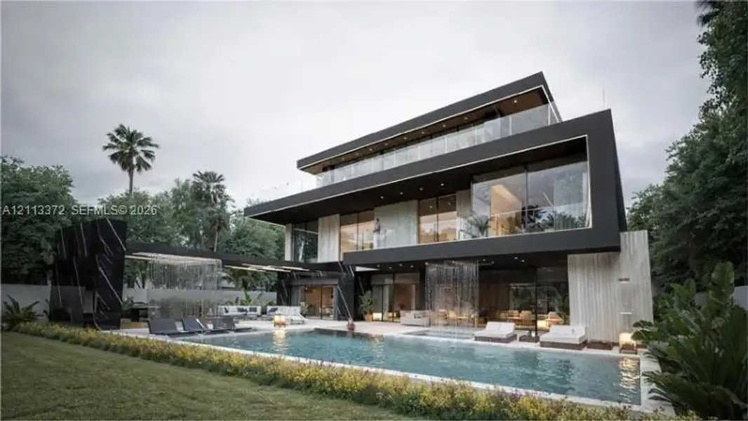 Modern three-story architectural residence featuring expansive floor-to-ceiling glass walls, integrated water features, private balconies with glass railings, and an in-ground swimming pool