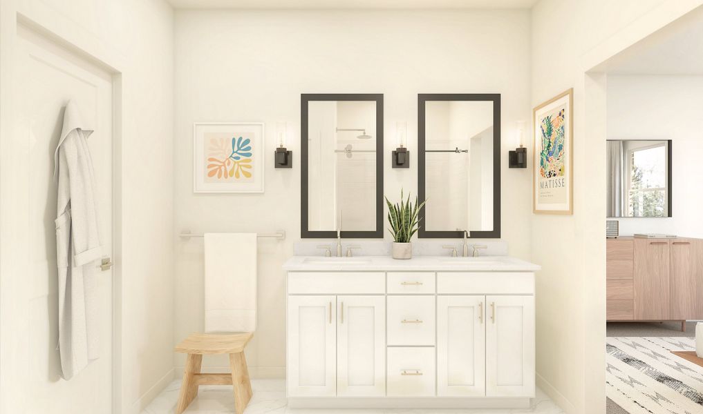 Primary bath with black-framed mirrors Primary bath with black-framed mirrors