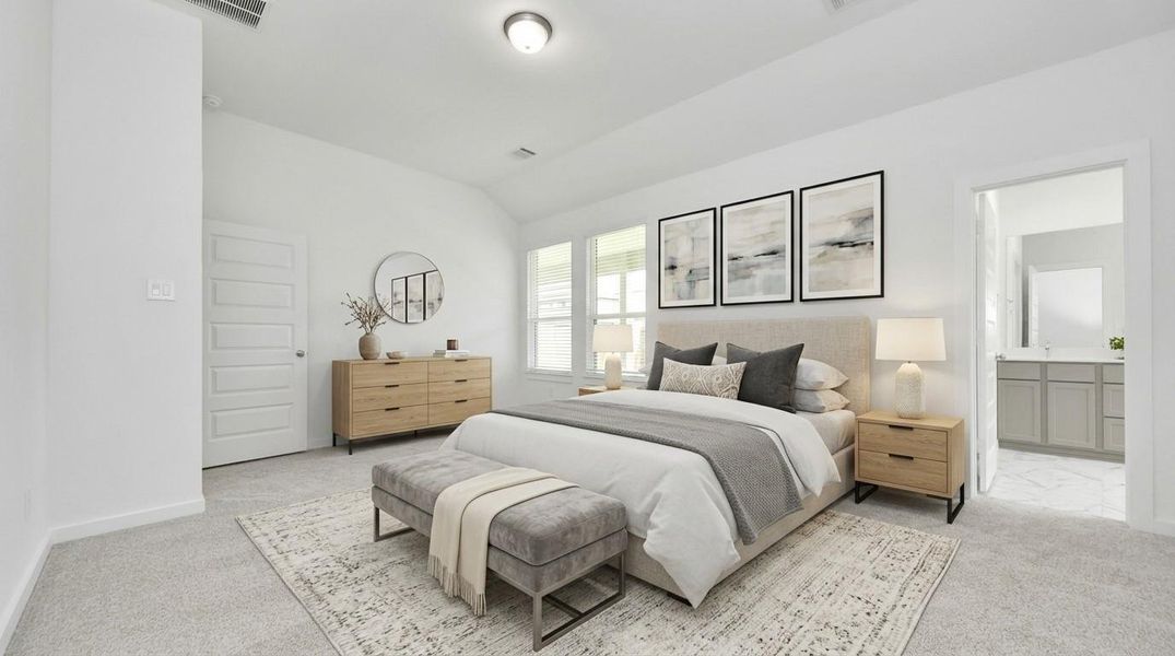 Virtually Staged - Primary Bedroom. Sample photo of completed home with similar floor plan. Actual colors and selections may vary. Virtually Staged - Primary Bedroom. Sample photo of completed home with similar floor plan. Actual colors and selections may vary.