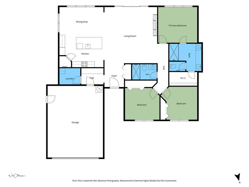 An organized floor plan showcases the single-level flow and functional spatial relationships of this home.