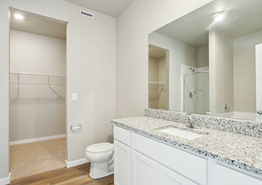 The master bathroom has a large vanity and a step in shower and soaking tub.