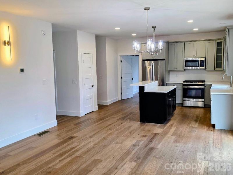 Kitchen with unique lighting, island and GE appliances