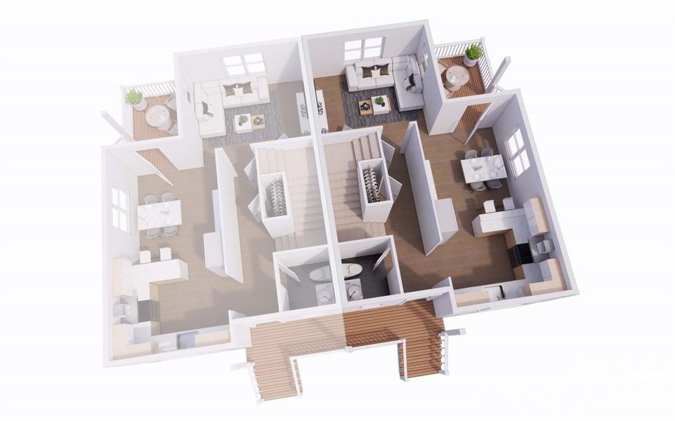 Downstairs feat front porch, open kitchen and dining room, living room & back porch