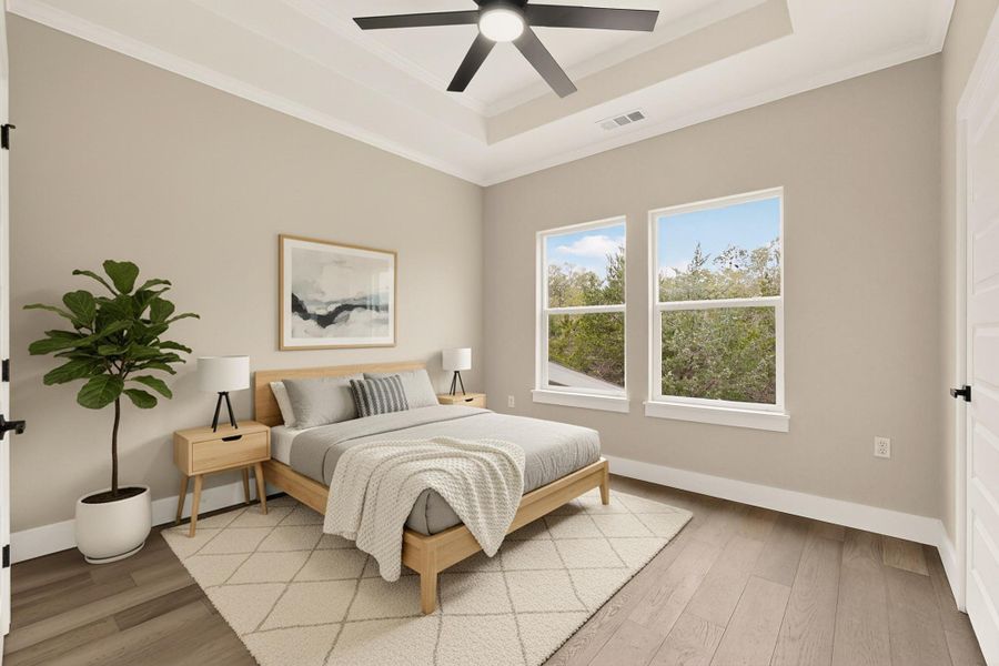 Upstairs Bedroom with crown molding, wood-flooring, and a ceiling fan, virtually staged Upstairs Bedroom with crown molding, wood-flooring, and a ceiling fan, virtually staged