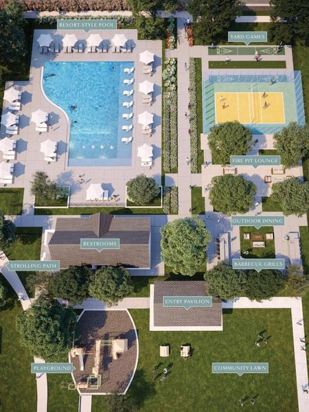 An inviting community space offers a pool, playground, outdoor dining, and yard games for vibrant outdoor living.