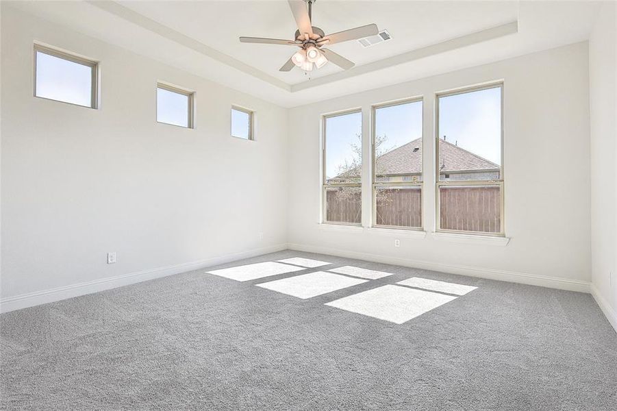 Carpeted spare room with ceiling fan and a raised ceiling