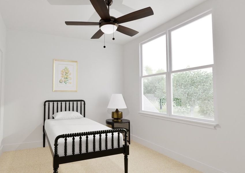 A minimalist bedroom with a single black metal bed, white bedding, a dark side table with a lamp, large window, ceiling fan, and floral wall art.