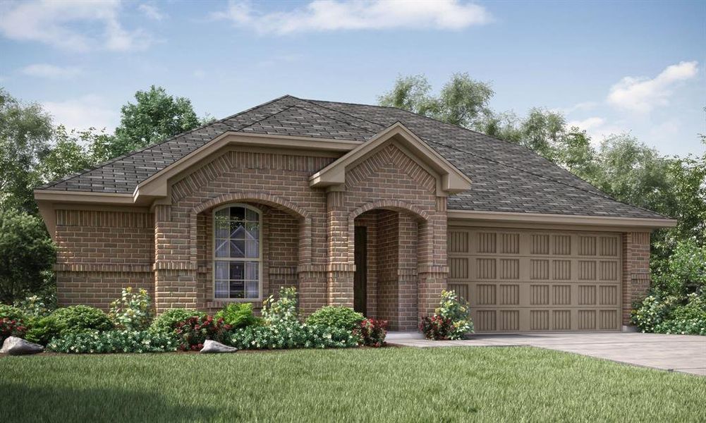 View of front facade with a garage and a front lawn