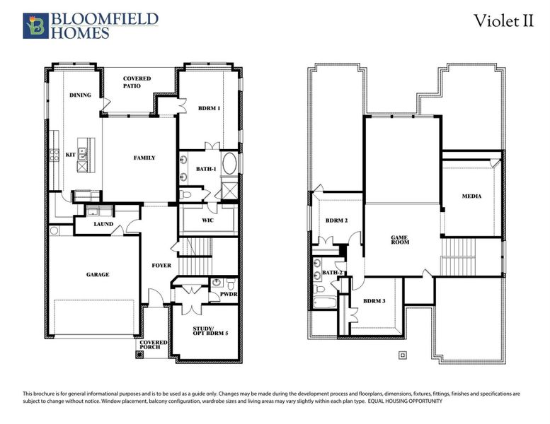 Bloomfield Homes Violet II two-story floor plan with 5 bedrooms, game room, media room, and covered patio.