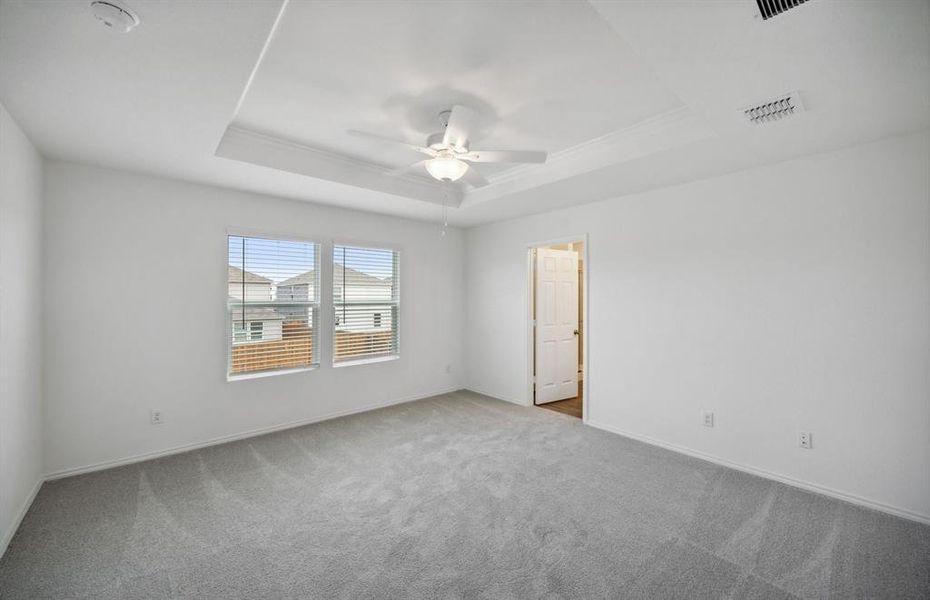 Owner's suite with tray ceiling and large windows *real home pictured