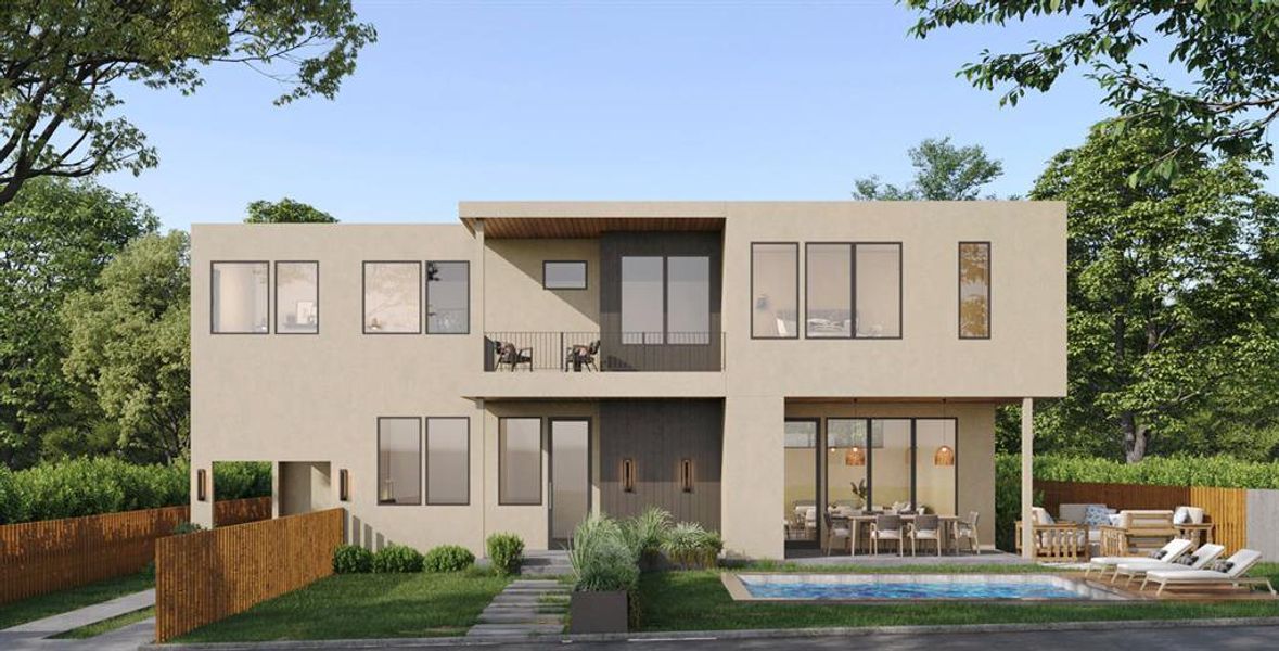 Rear view of property with a balcony, stucco siding, and a patio area