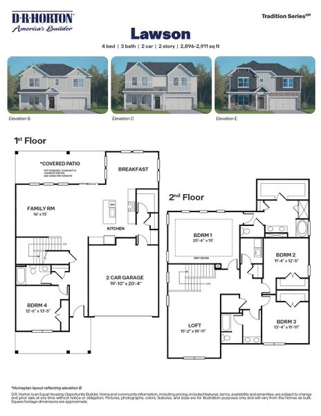 2D floor plan layout for the Lawson by D.R. Horton in The Manors at Martin Farms, Aberdeen, NC (Image 3).