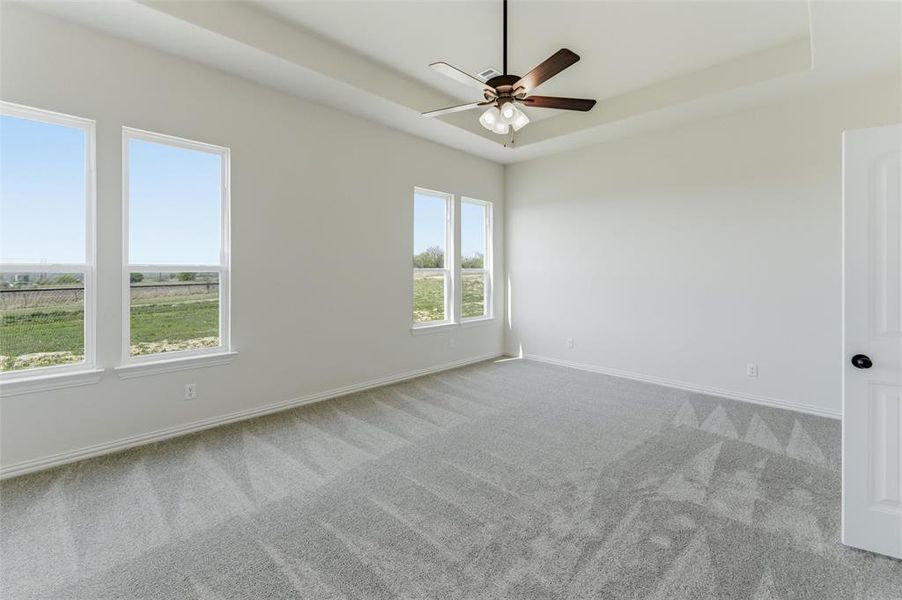 Spare room featuring a tray ceiling, light carpet, and a ceiling fan Spare room featuring a tray ceiling, light carpet, and a ceiling fan