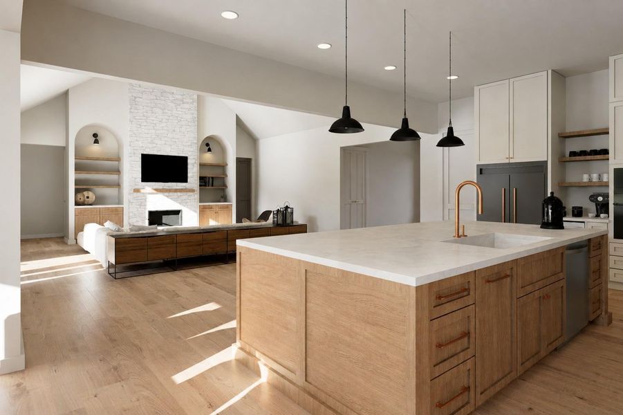 Rendering of the kitchen looking into the living.