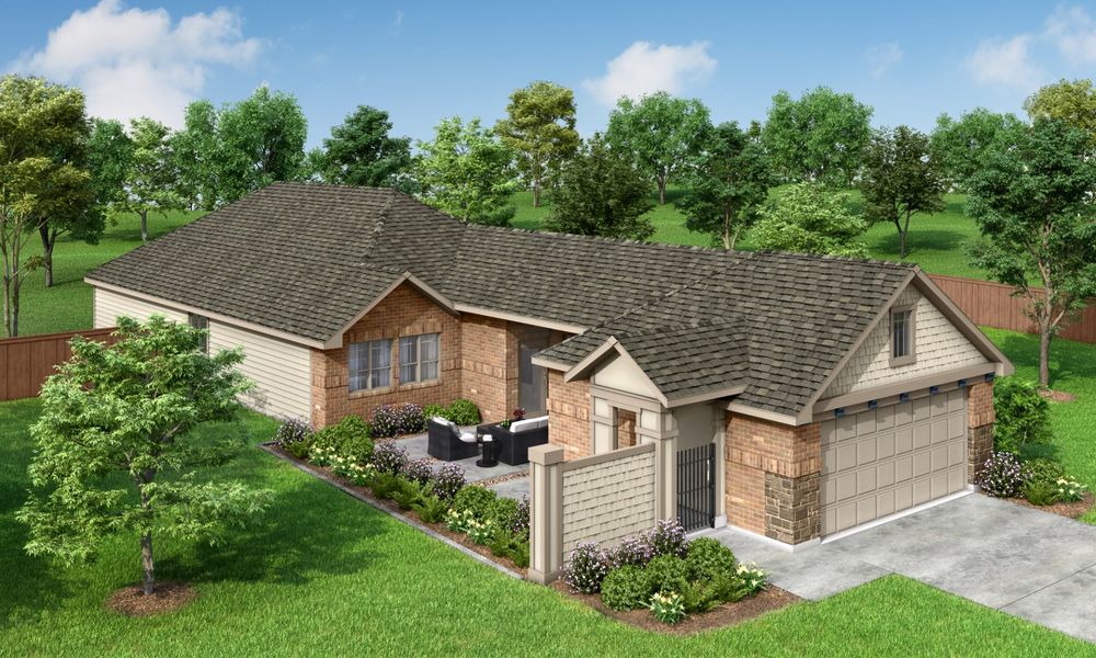 Representative exterior photo of a completed home built from the Harwood by Pacesetter Homes in Keeneland, Aubrey, TX (Image 2). Representative exterior photo of a completed home built from the Harwood by Pacesetter Homes in Keeneland, Aubrey, TX (Image 2).