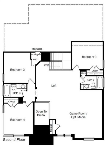 D.R. Horton's Mallard  floorplan, 2nd floor - All Home and community information, including pricing, included features, terms, availability and amenities, are subject to change at any time without notice or obligation. All Drawings, pictures, photographs, video, square footages, floor plans, elevations, features, colors and sizes are approximate for illustration purposes only and will vary from the homes as built.