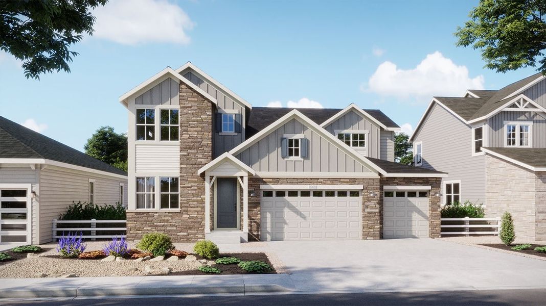 Front exterior of a new home in The Estates Collection at Murphy Creek, Aurora, CO, highlighting curb appeal (Image 3). Front exterior of a new home in The Estates Collection at Murphy Creek, Aurora, CO, highlighting curb appeal (Image 3).