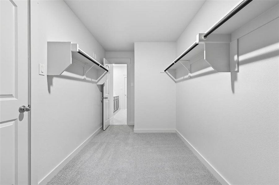 Walk in closet featuring light carpet