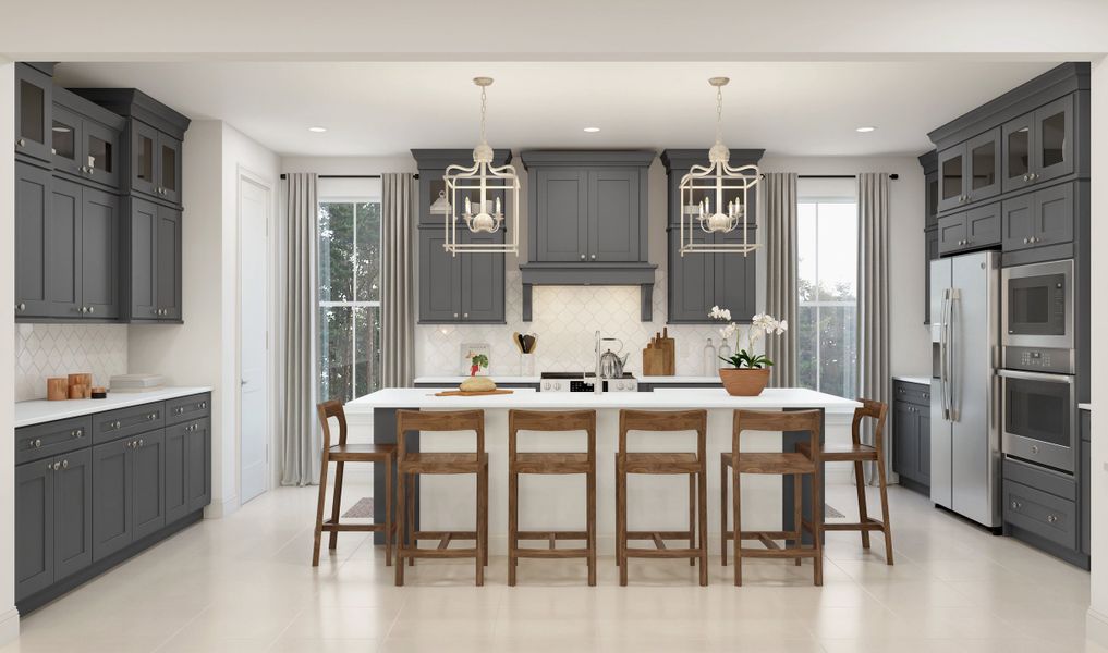 Kitchen with pendant lights over island