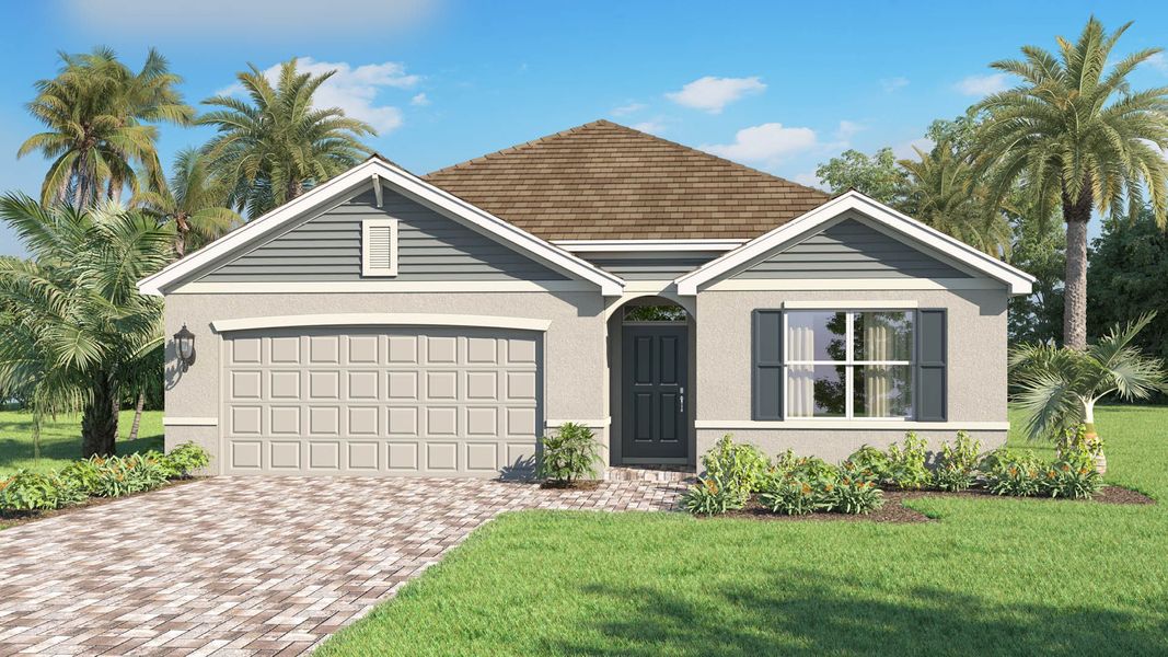 Representative exterior photo of a completed home built from the Cali by D.R. Horton in Venetian Grove, Vero Beach, FL (Image 1).