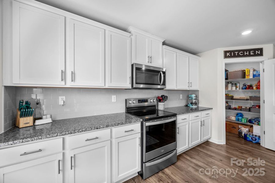 Stainless steel appliances and walk-in panty.