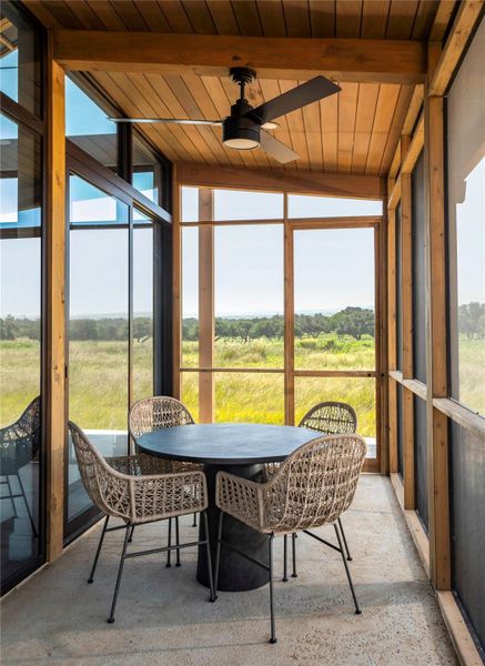 Screened outdoor living space offers a peaceful setting for dining and relaxing while overlooking the surrounding Hill Country landscape. Screened outdoor living space offers a peaceful setting for dining and relaxing while overlooking the surrounding Hill Country landscape.