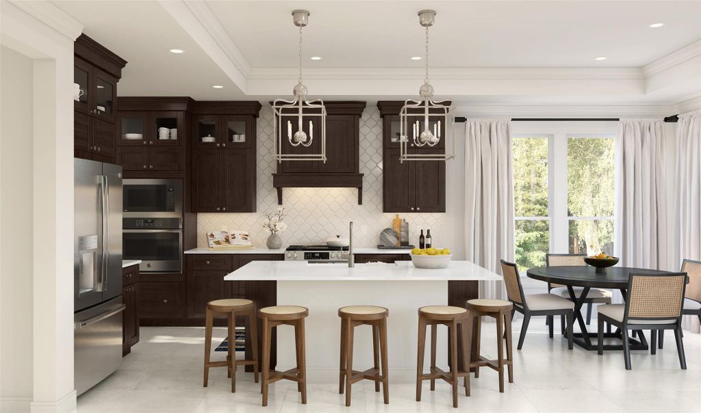 Gorgeous island kitchen with dark stain stacked cabinets and quartz counters (*Artist rendering used for illustration purposes only.)