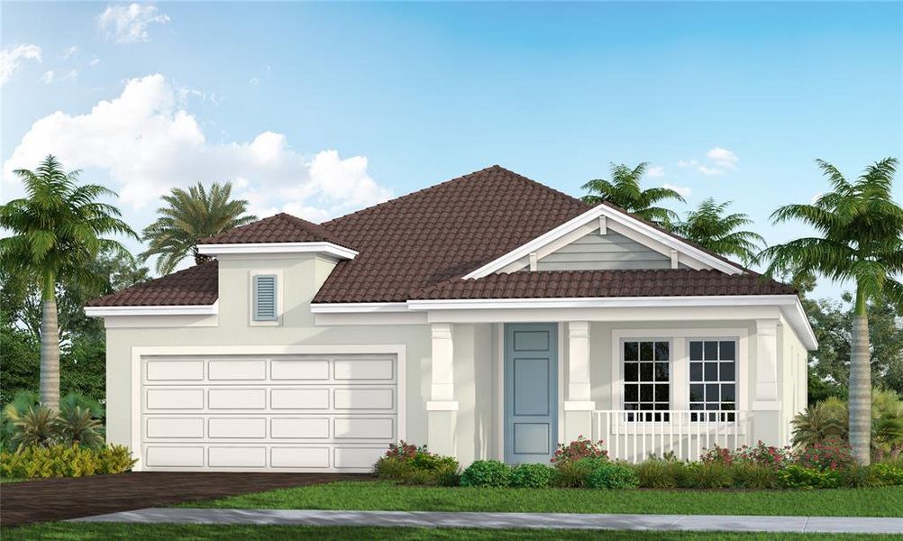 Front exterior of a new home in Windward, Lakewood Ranch, FL, highlighting curb appeal (Image 1).