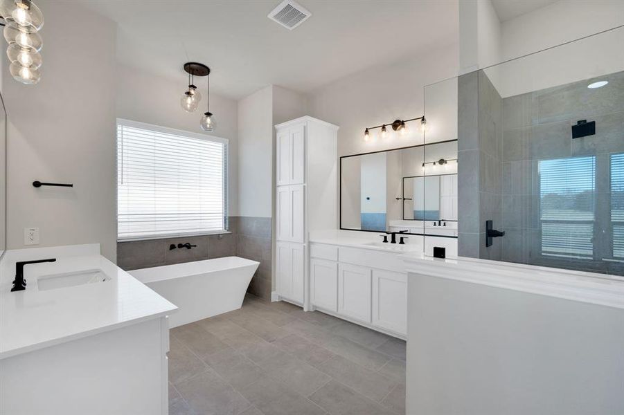 Separate sinks and separate tub and shower in primary bath