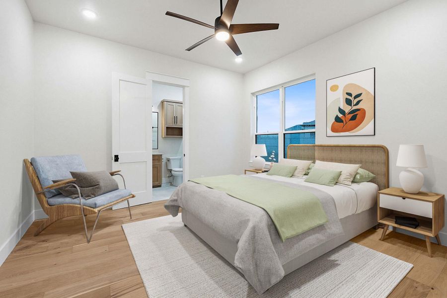 Bedroom featuring wood-finish flooring, a contemporary ceiling fan, recessed lighting, and a window providing natural light