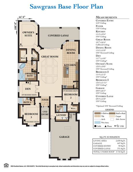 2D floor plan layout for the Sawgrass by SeaGate Homes in Palm Coast Plantation, Palm Coast, FL (Image 5).