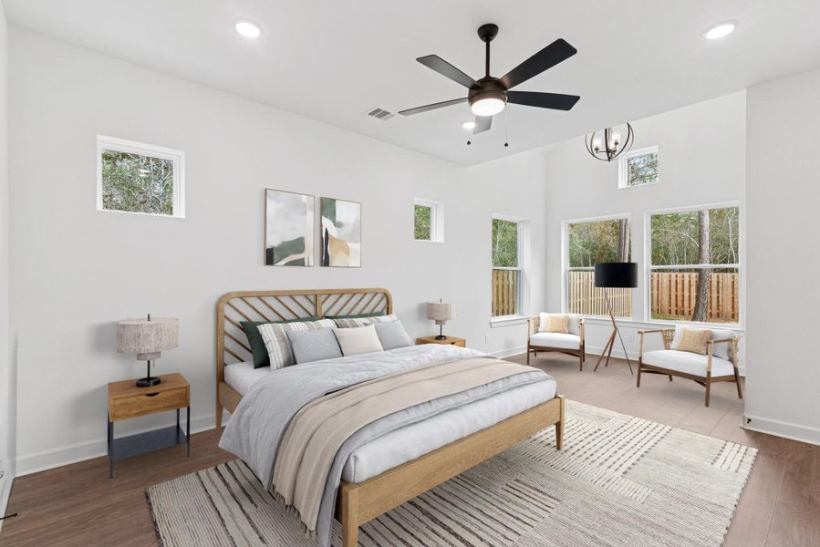 Plenty of room for a king sized bed and 2 nightstands.  Plus a sitting area!