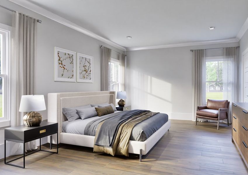 Luxurious master bedroom in the Birch model home with large windows and neutral decor.